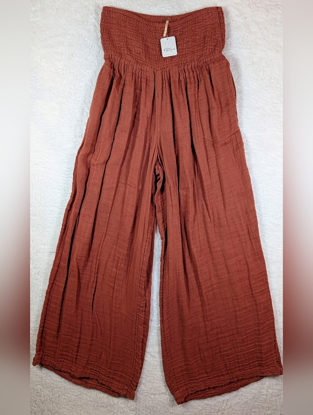 Free People Rust Smocked-Waist Wide Legl Pants